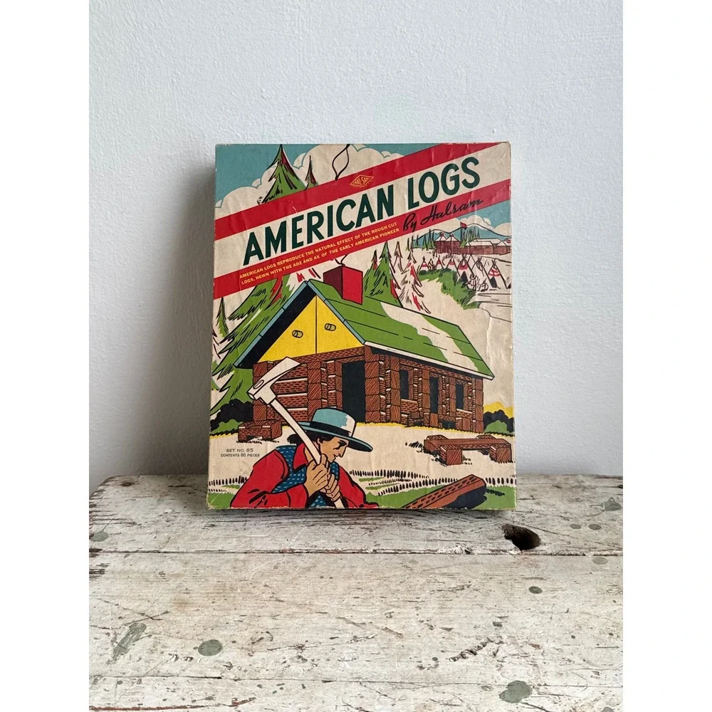 Vintage Halsam American Logs Set No 85 Wood Building Toy 86 Pieces Original Box